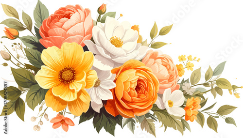 Elegant peach and white floral bouquet. Bright floral arrangement with roses. Beautiful spring flowers in soft tones. Fresh floral design with peach blooms. Charming botanical art with flowers