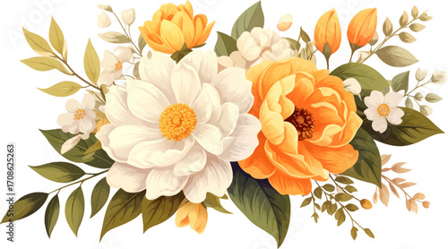 Soft white, orange floral design. Elegant floral arrangement with peonies. Floral art with gentle peach, white tones. Delicate flowers for elegant home décor. Peach and white blooms for celebrations