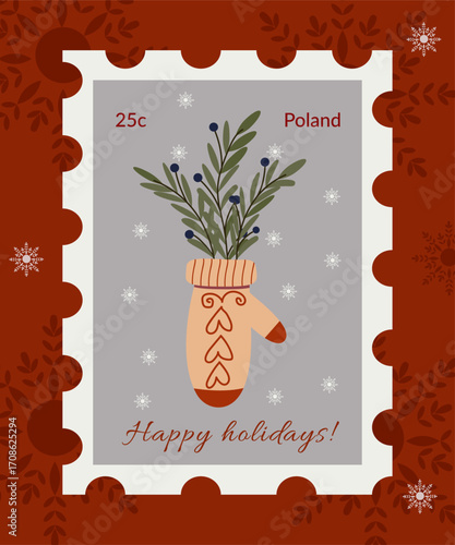 Christmas letter stamp. Decorative stamp for Christmas design. Stamps with mitting Christmas tree, lollipop, Santa Claus, snowflake and Christmas tree toy	