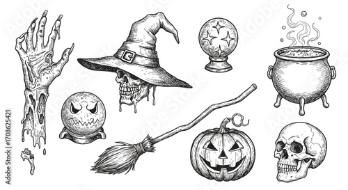 Halloween decoration items collection – zombie hand rising from grave, skull in witch hat, magic crystal ball, witch broom, Jack-o’-lantern pumpkin with carved face – black and white vector sketch 