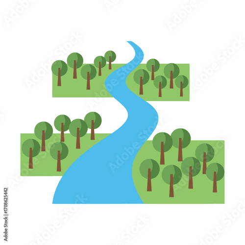 A stylized flat vector illustration of a winding blue river flowing through a green forest with many trees.