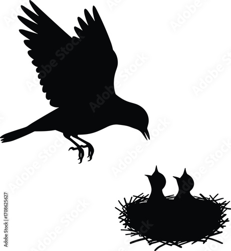 Silhouette of a Bird Feeding Two Hungry Baby Birds in Nest, Parental Care Illustration, Wildlife Nature SceneSilhouette of a Bird Feeding Two Hungry Baby 