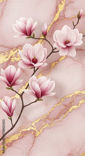 Elegant Magnolia Flowers on Marble Background with Gold Accents for Luxury Design