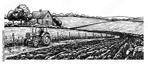 Serene Rural Landscape with Tractor Farmhouse Fields and Fences Coloring Book Style Black and White Outline Line Art Drawing