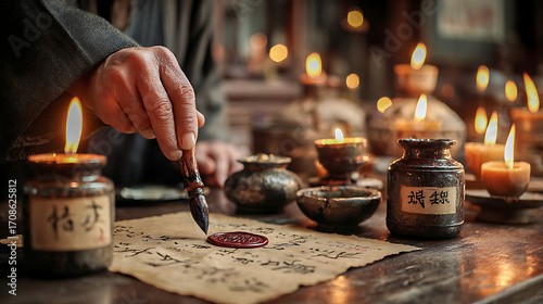Doctor applying seal on ancient Chinese medical prescription by candlelight