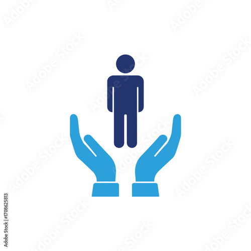 Blue stick figure of a person being protected by two cupped hands, symbolizing care, support, or human rights.