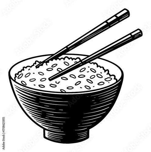 A delicious steamed rice bowl with chopsticks resting on it in a classic Black and White Outline Line Art Drawing