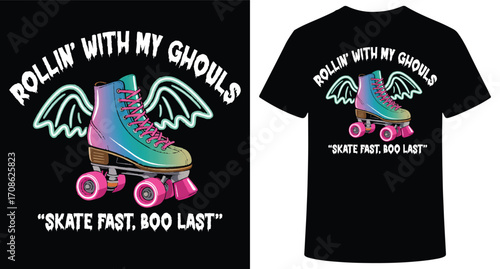Retro roller skate with colorful wings and text design for apparel and merchandise isolated on transparent background