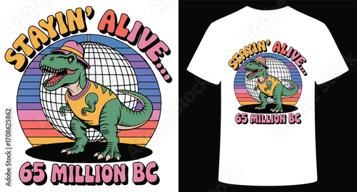 Retro dinosaur disco party t-shirt design featuring a tyrannosaurus rex grooving under a disco ball and sunset transparent background
