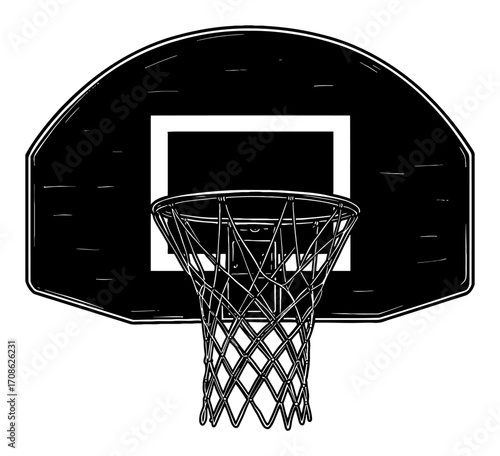 Basketball Hoop and Backboard Front View Black and White Outline Line Art Drawing Sport Equipment