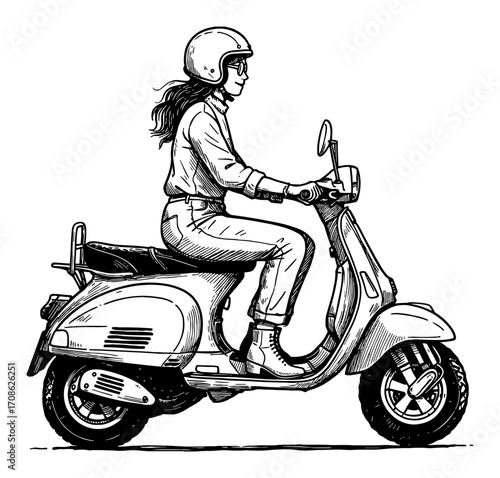 Woman Riding Classic Vespa Scooter Wearing Helmet Side View Black and White Outline Line Art Drawing