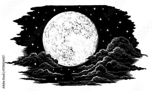 Big Full Moon in Night Sky with Clouds and Stars Black and White Outline Line Art Drawing Vector Illustration