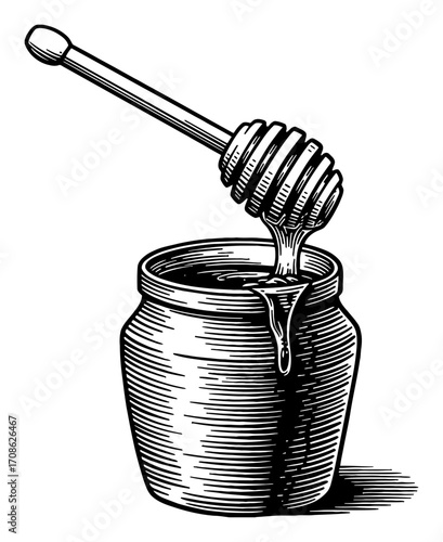 Honey Dipper Above Honeypot Drizzling Sweet Nectar into Jar Black and White Outline Line Art Drawing