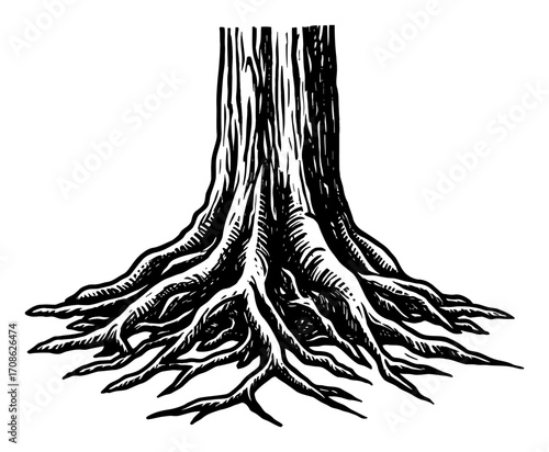Ancient Tree Root and Trunk Black and White Outline Line Art Drawing Woodcut Engraving Style