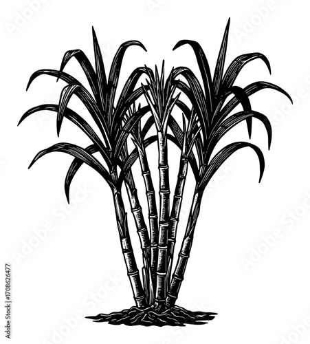 Sugar Cane Plant Growing with Leaves and Stems in Detailed Black and White Outline Line Art Drawing