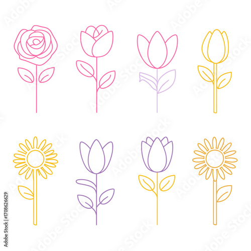 Set of eight minimalist flower icons in a colorful linear style. Vector illustration collection of rose, tulip, and sunflower outlines
