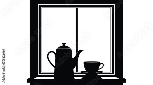 Black silhouette of a coffee pot and cup on a saucer in a window frame black and white