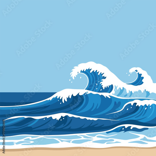 Illustration of ocean waves crashing against the shore with a light blue sky in the background.