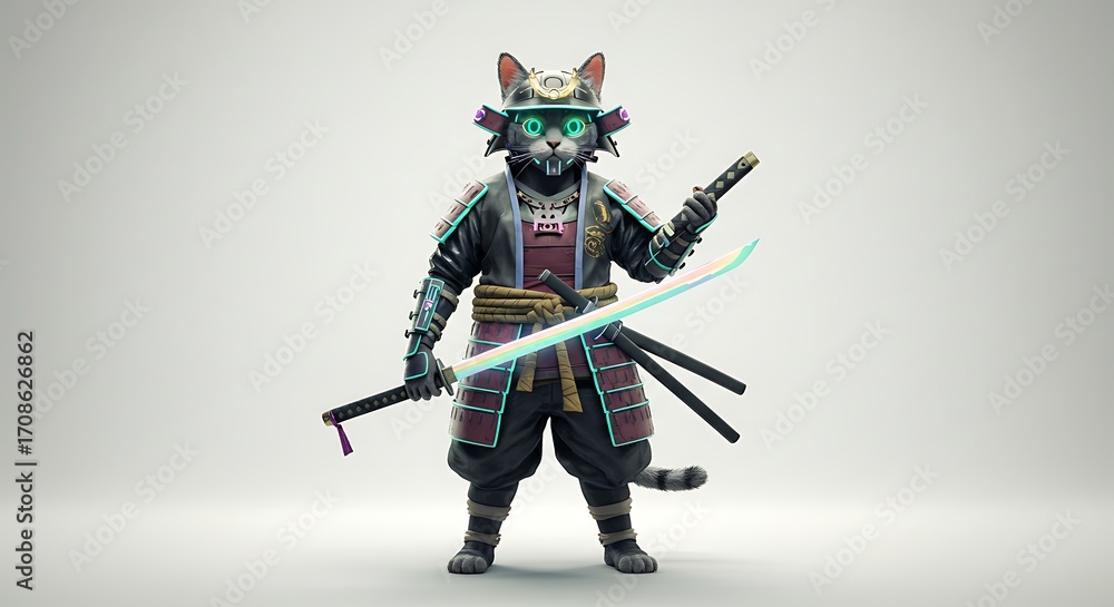 Obraz premium Futuristic feline warrior brandishing glowing swords, blending ancient samurai style with neon cyberpunk aesthetics.