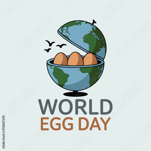 Vector art of globe opening to reveal eggs inside, with birds flying and text world egg day, celebrating world egg day