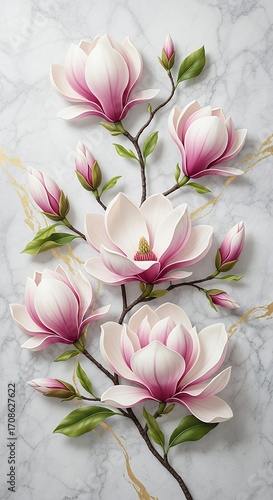 Elegant Pink Magnolia Flowers Branch on Marble Background for Spring Floral Design