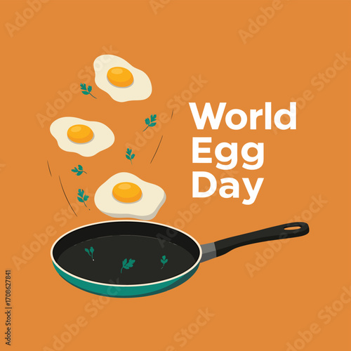 Vector art of world egg day illustration with fried eggs cooking in a pan and herbs flying around on an orange background
