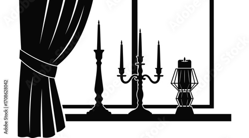 Black silhouette of a draped curtain and lit candles on a windowsill black and white