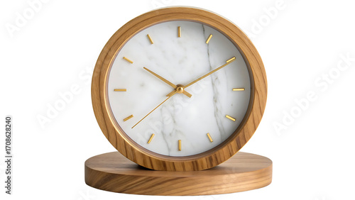 Oval wooden desk clock with white face isolated on transparent background