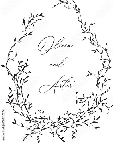 Wedding hand drawn line floral frame. Vintage wedding greenery wreath. Vector illustration botanical decoration elements for wedding invitation, label, branding business identity, greeting card