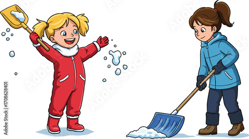 Two happy girls playing with snow shovels, having fun outdoors in winter clothes, enjoying snow activities and winter playtime together.Two happy girls playing 