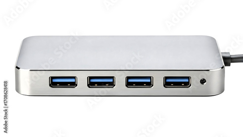 Silver usb hub with four ports isolated on transparent background