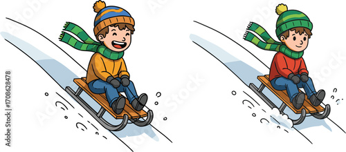 Two Happy Kids Sledding Down a Snowy Hill in Winter Wearing Colorful Hats, Scarves, and GlovesTwo Happy Kids Sledding Down a Snowy Hill in Winter Wearing Colorful Hats, Scarves, and Gloves