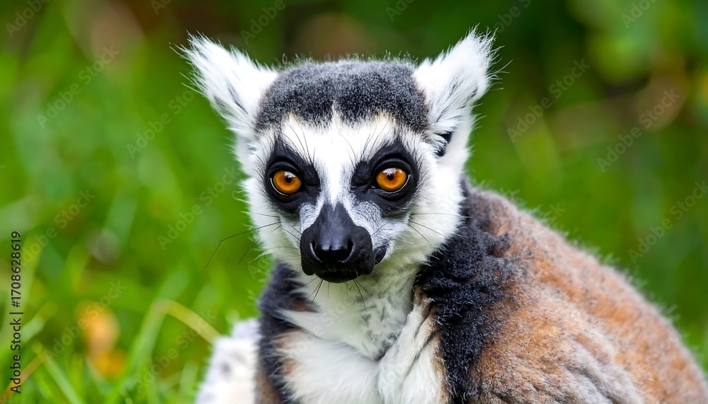 Naklejka premium Close-up of lemur, black-and-white markings, intense orange eyes