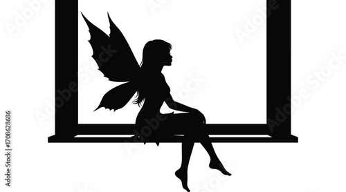 Black silhouette of a fairy with wings sitting on a ledge against a white background vector