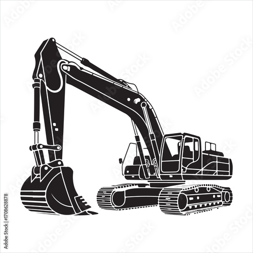 Heavy machinery excavator digging a construction site with the yellow vehicle against a blue sky