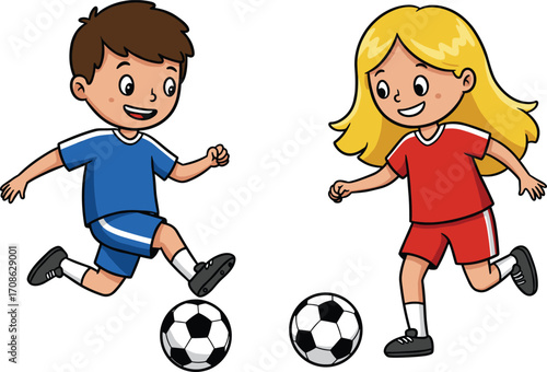 Cartoon boy and girl playing soccer, happy children in sports uniform, kids kicking football, outdoor activity, fun sports illustration