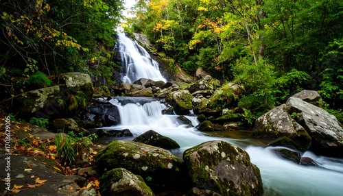 Serene Waterfall Cascading Through Mossy Rocks and Lush Autumn Forest
