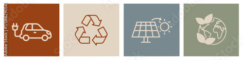 Modern Vector Icon Set Representing Environmental Sustainability, Green Energy Solutions, Electric Transport, Recycling, and Global Ecological Awareness