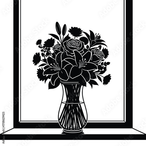 Black silhouette of a floral bouquet in a glass vase on a windowsill flowers
