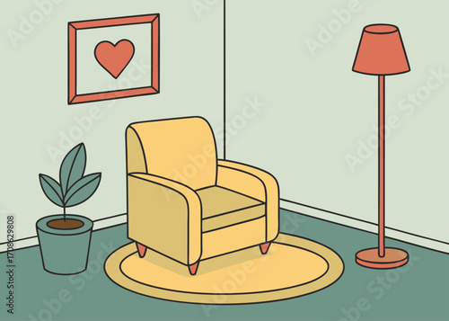 Cozy corner illustration with armchair lamp plant and heart artwork