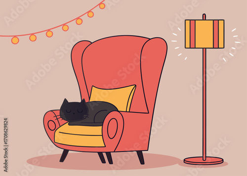 Cozy Interior Scene with Cat Napping on Armchair and Floor Lamp illustration