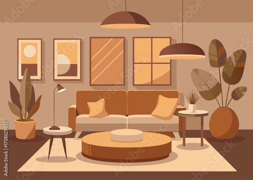 Cozy Living Room Interior with Brown Tones and Modern Decor illustration
