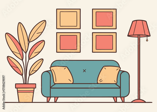 Cozy Living Room Interior with Sofa Plant Lamp and Wall Art Illustration