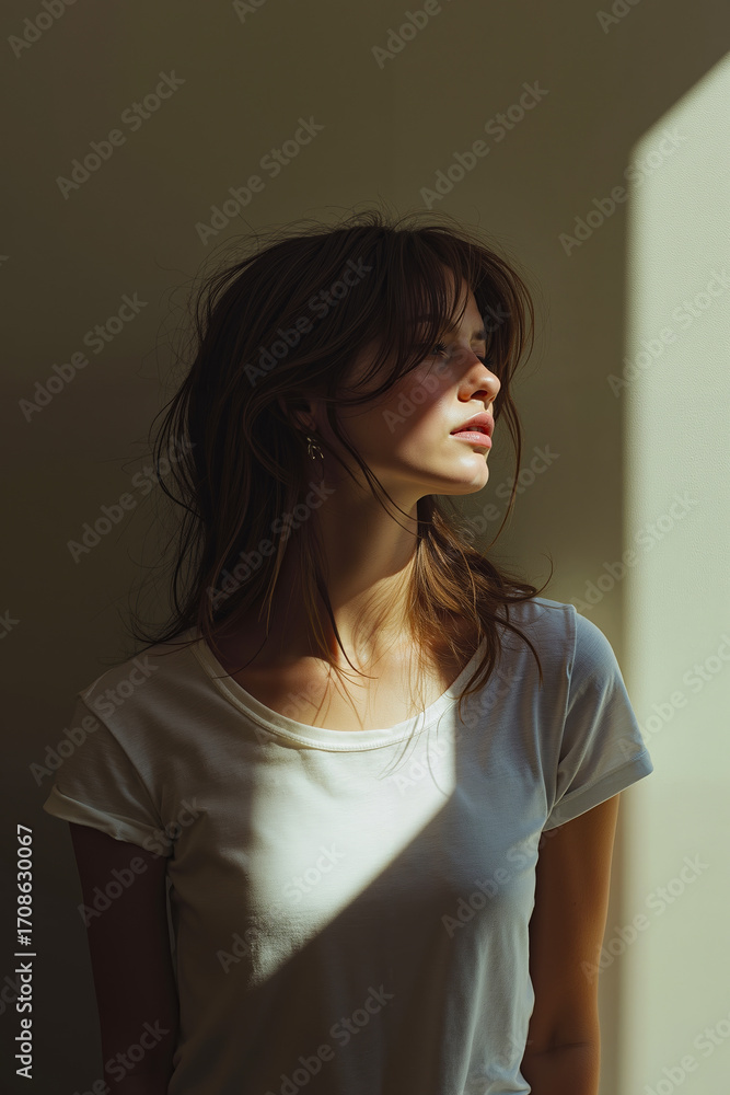 Obraz premium A woman standing in front of a window with her hair blowing in the wind