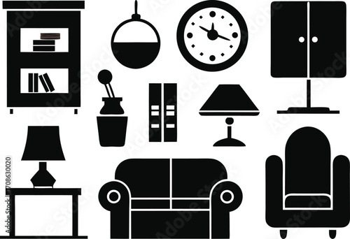 Black and white furniture icons representing living room interior design elements