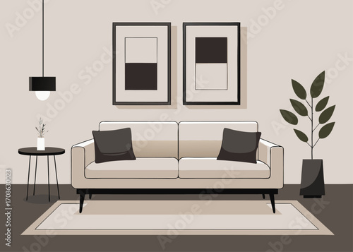 Minimalist Living Room Interior with Sofa Artwork and Plant in Neutral Tones illustration