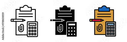 Accounting icon set in stroke, black filled and colored