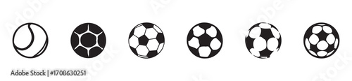 Different types of play football icon set, soccer sports ball icon, football game ball icons, set of black and white sports ball icons, vector illustration EPS 10.