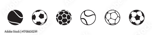 Different types of play football icon set, soccer sports ball icon, football game ball icons, set of black and white sports ball icons, vector illustration EPS 10.