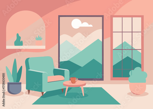 Cozy Living Room with Mountain View Illustration